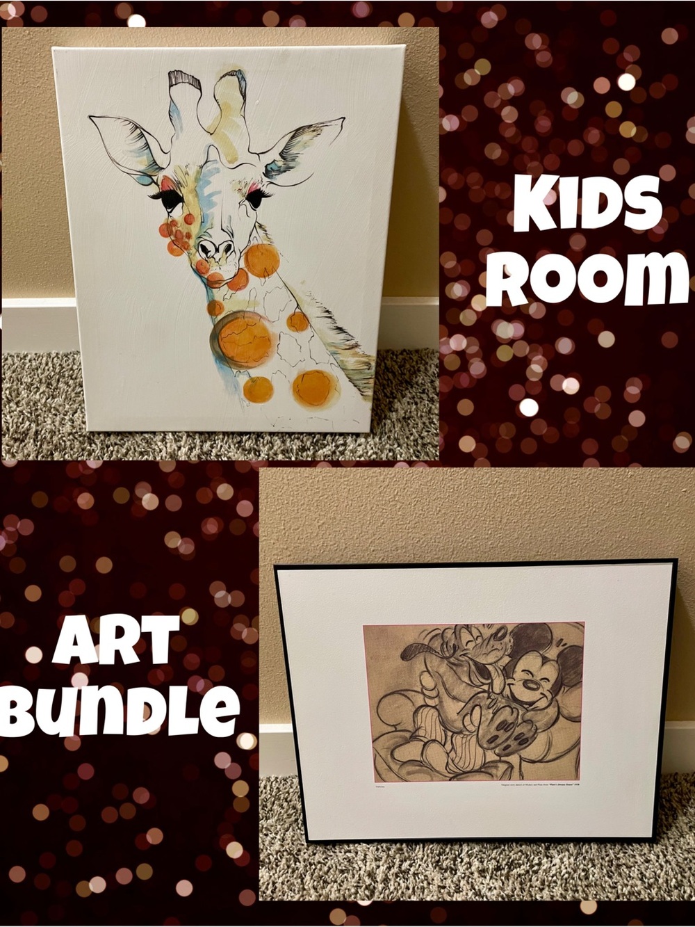 Kids Room Canvas Decor Art Print Picture Set Giraffe, Mickey Mouse & Pluto